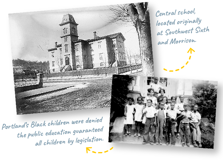 Historical photo of central school and black children denied a public education.